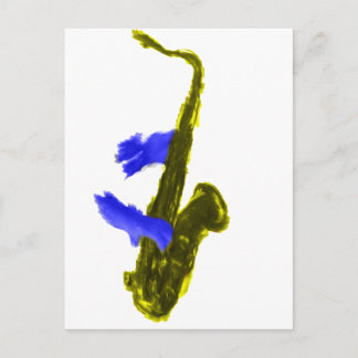 Cartão Postal Saxofone tocado por duas mãos, azul e amarelo