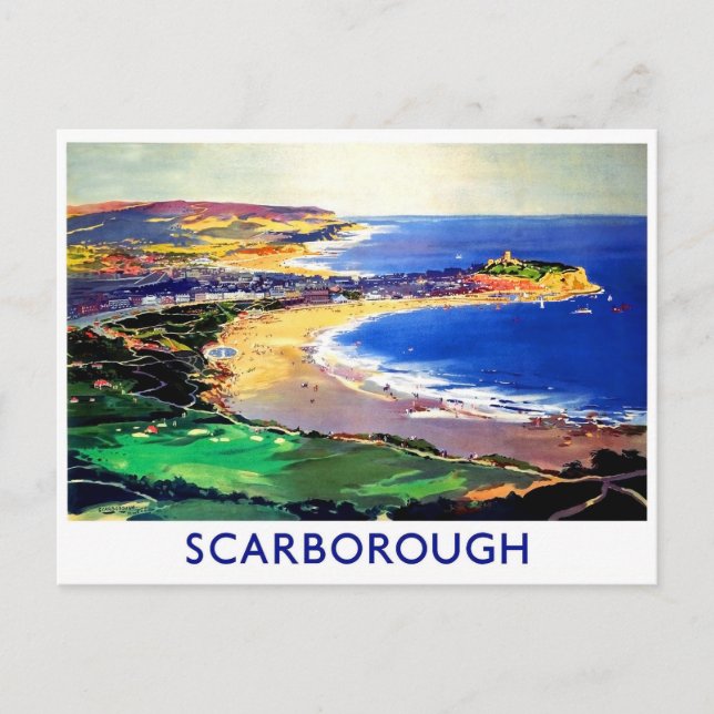 Cartão Postal Scarborough Beach, Inglaterra, viagens vintage (Frente)