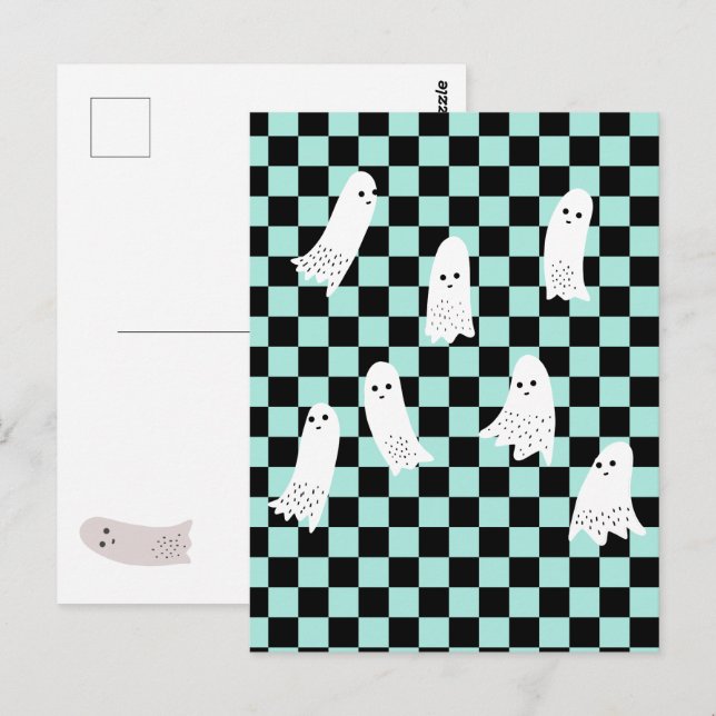 Cartão Postal Scarry Halloween Ghosts Spooky Design Checkered (Frente/Verso)