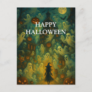 Cartão Postal Scary Halloween Pumpkin Witch Scary Night