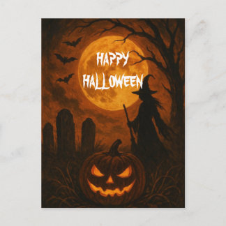 Cartão Postal Scary Halloween Pumpkin Witch Scary Night