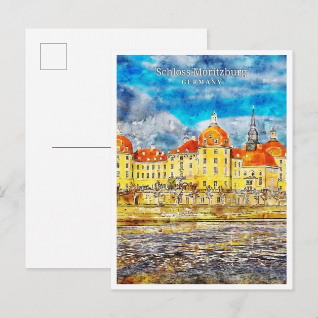 Cartão Postal Schloss Moritzburg Alemanha viagem aquarela (Frente/Verso)