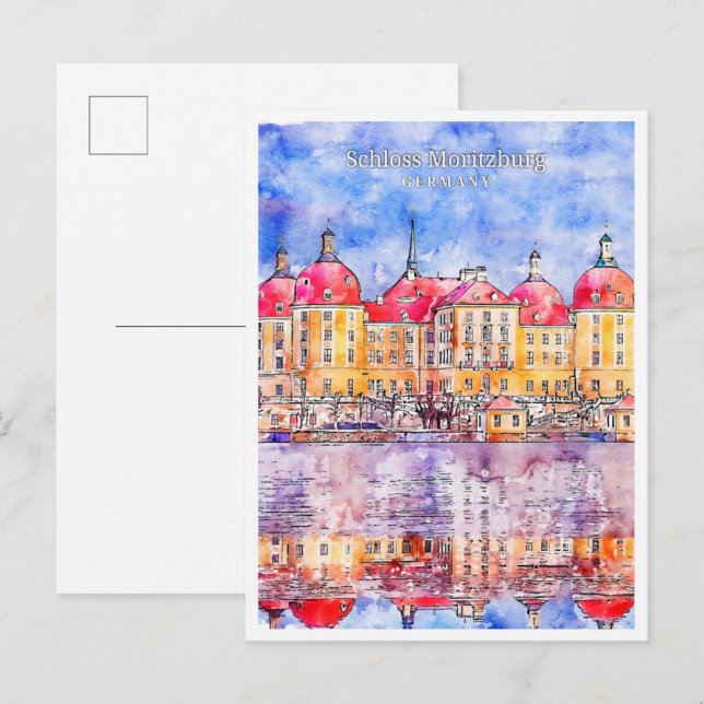Cartão Postal Schloss Moritzburg Alemanha viagem aquarela (Frente/Verso)