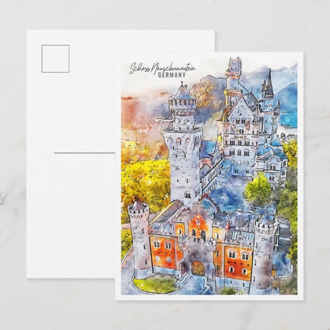 Cartão Postal Schloss Neuschwanstein Alemanha viagem aquarela (Frente/Verso)