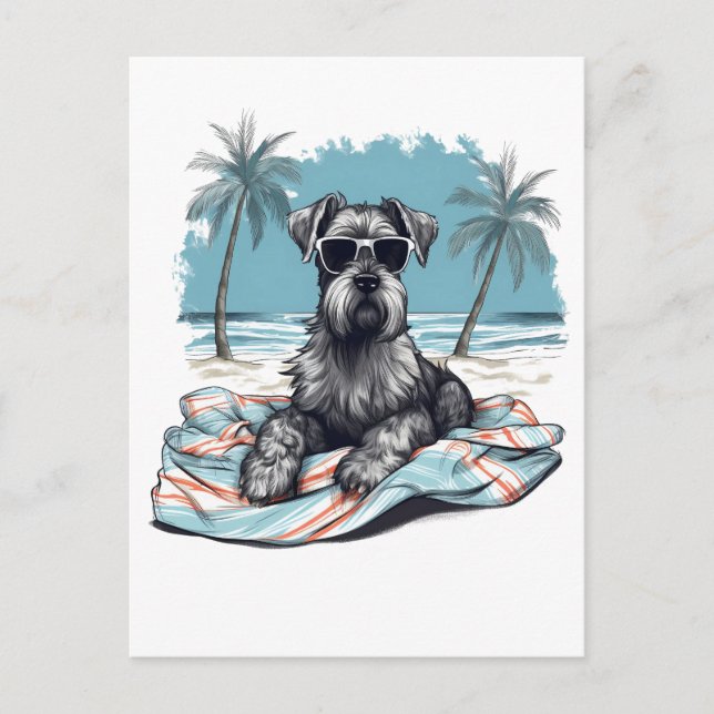 Cartão Postal Schnauzer com óculos de sol na praia (Frente)