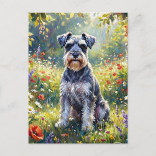 Cartão Postal Schnauzer em Prado de Flores Silvestres