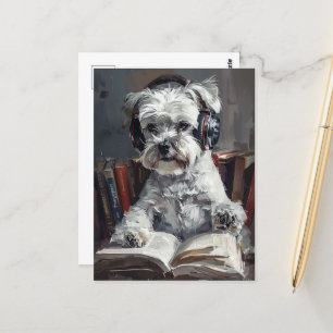Cartão Postal Schnauzer Ouvindo Música e Leitura