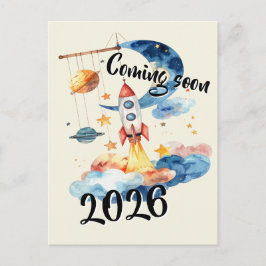 Cartão Postal Schwangerschaft verkünden 2026 Rakete Weltraum 