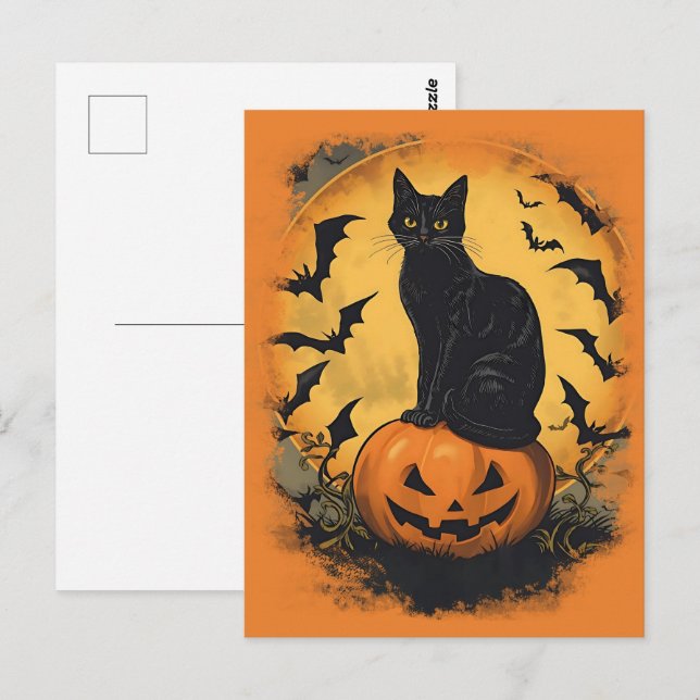 Cartão Postal Schwarze Katze auf Halloween-Kürbis (Frente/Verso)