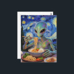 Cartão Postal Scifi Blue Alien Eating Noodles and Veggies<br><div class="desc">Scifi fantasy unique AI generated art of a blue alien eating noodles and veggies</div>