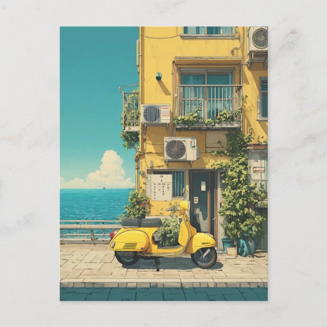 Cartão Postal Scooter Amarelo à Beira-Mar (Frente)