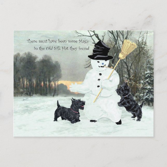 Cartão Postal Scottish Terriers constroem um boneco de neve (Frente)