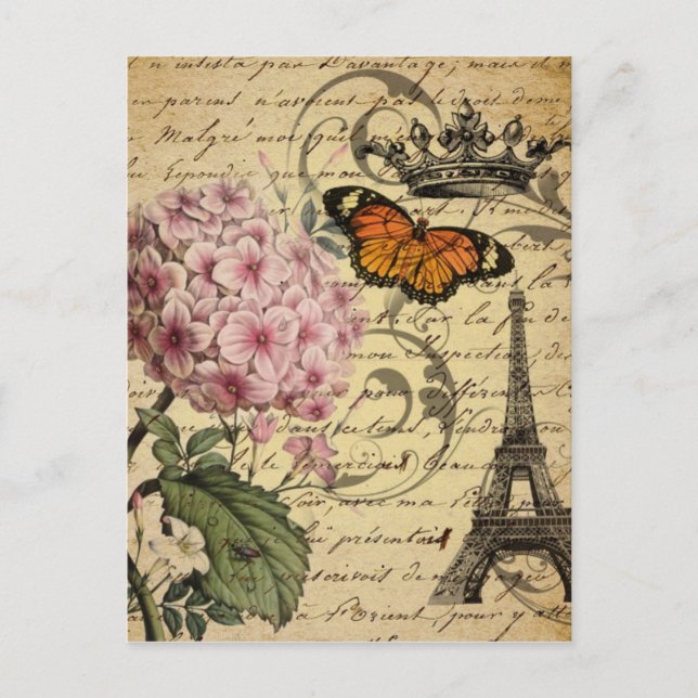 Cartão Postal script da coroa hydrangea bird french botanch (Frente)