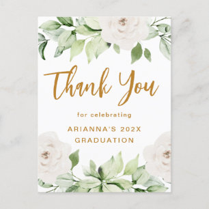 Cartão Postal Script de Agradecimento de Formatura Floral Branco