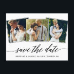 Cartão Postal Script de caligrafia moderna 3 Foto para salvar a<br><div class="desc">Colagem Fotográfica do Script 3 de Caligrafia Elegante Moderno Salve a Data do Anúncio do Noivado de Casamento</div>