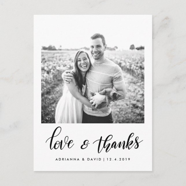 Cartão Postal Script de Casal moderno Fotografia Amor & Obrigado (Frente)