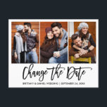 Cartão Postal Script de Pincel 3 Foto Altera Data Nova Data<br><div class="desc">Modern Brush Script Change The Date Wedding Adiou New Wedding Date Photo Postcard</div>