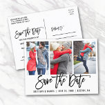 Cartão Postal Script de Pincel Moderno 3 Foto Salva A Data Wht<br><div class="desc">Script de Pincel Moderno Salva o Branco do Cartão-Postal de Casal 3 com Noivado de Data</div>
