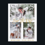 Cartão Postal Script de Pincel Moderno Salva A Data 3 Foto Doura<br><div class="desc">Script de Pincel Moderno Salve O Cartão-Postal Dourado do Casal de Data 3</div>