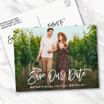 Cartão Postal Script de Pincel Moderno Salva nossa Foto de Casal<br><div class="desc">Script de Pincel Moderno Salve o Cartão-Postal do Casal de Noivado de Data - Script Branco</div>