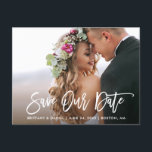 Cartão Postal Script de Pincel Moderno Salva nossa Foto de Data<br><div class="desc">Script de Pincel Moderno Salve o Cartão-Postal de Foto do Casal de Noivado de Data</div>