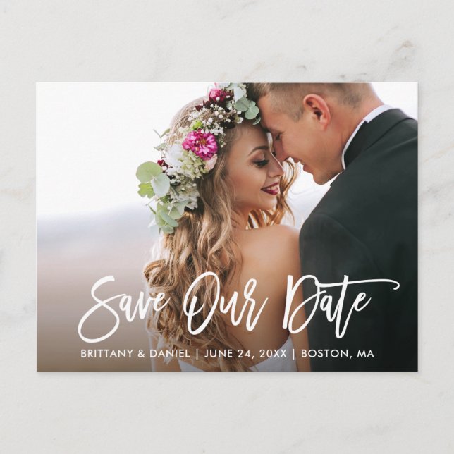 Cartão Postal Script de Pincel Moderno Salva nossa Foto de Data (Frente)