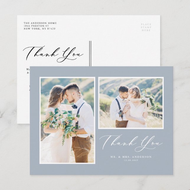 Cartão Postal Script Dusty Blue Dois Casamento Fotográfico Obrig (Frente/Verso)