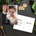 Cartão Postal Script e foto casuais | Casamento Obrigado<br><div class="desc">Este simples e moderno obrigado de casamento que vocês cartões postais mostram sua foto de casamento na frente,  com a tipografia casual de na moda trendy. Adicione uma mensagem pessoal de obrigados à parte traseira do cartão.</div>