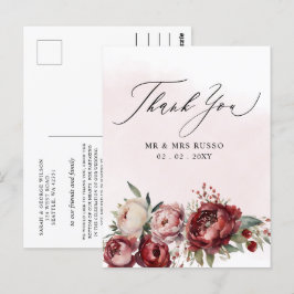 Cartão Postal Script Elegante Burgundy Blush Floral Obrigado