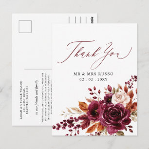 Cartão Postal Script Elegante Floral de Outono em Borgonha Agrad