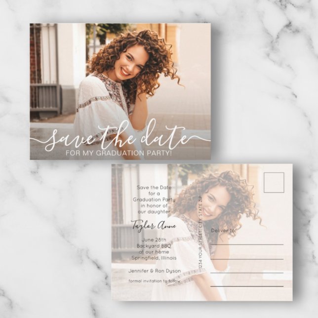 Cartão Postal Script Elegante Foto Graduação Salve a Data (Criador carregado)