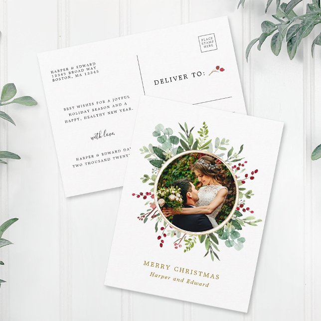 Cartão Postal Script Foto Natal Botânico Dourado Férias (Front & Back)