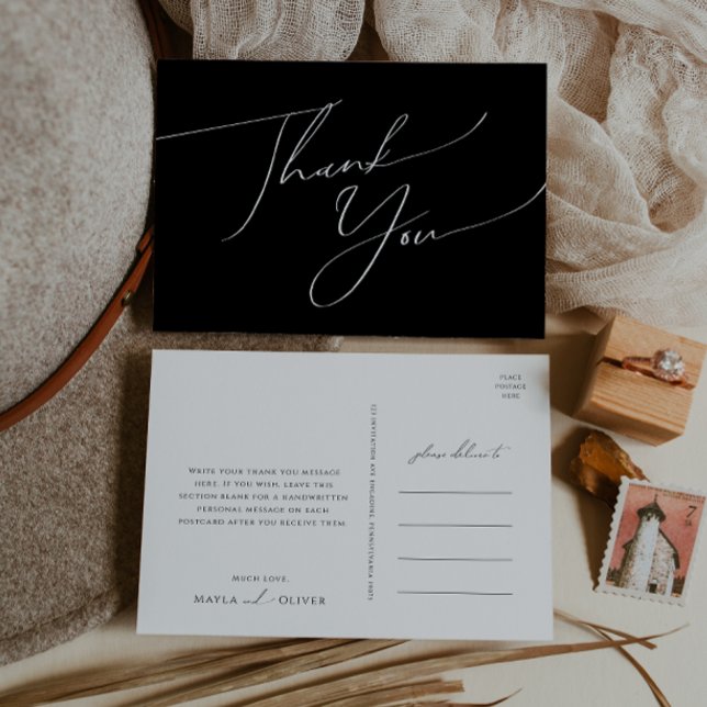Cartão Postal Script Mínimo Whimsical | Casamento Negro Obrigado (Criador carregado)