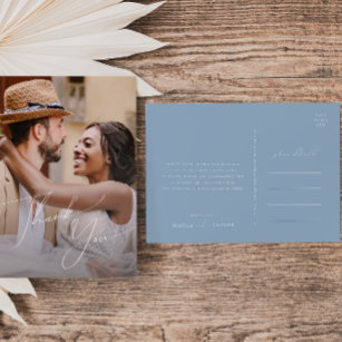 Cartão Postal Script Whimsical   Casamento de Foto Azul Obrigado