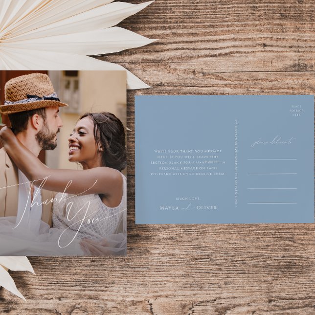 Cartão Postal Script Whimsical | Casamento de Foto Azul Obrigado (Criador carregado)