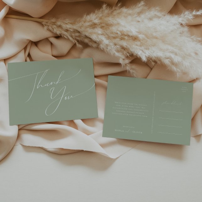 Cartão Postal Script Whimsical | Sage Green Wedding Obrigado (Criador carregado)