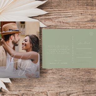 Cartão Postal Script Whimsical Sage Photo Wedding Obrigado