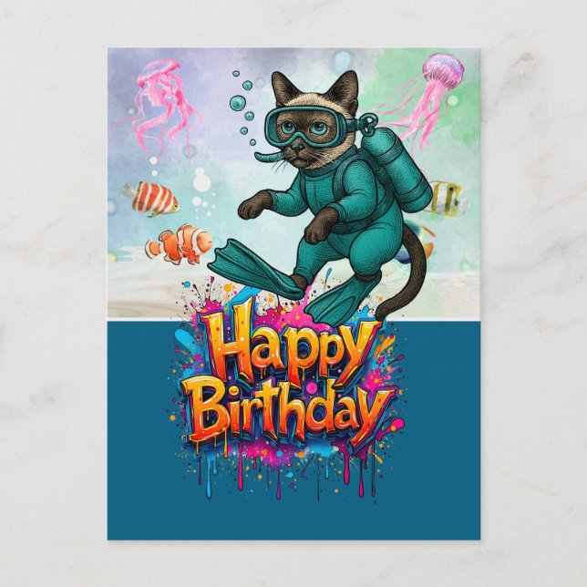 Cartão Postal Scuba diver diving cat happy birthday  (Frente)