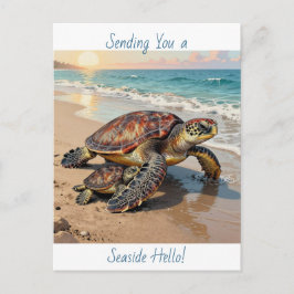 Cartão Postal Sea Turtle and Baby Illustration | Saying Hello