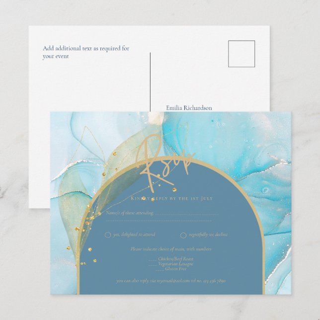 Cartão Postal Seaglass INK Teal Aqua Blue Dourado Weding RSVP (Frente/Verso)