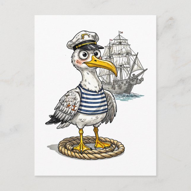 Cartão Postal Seagull Sailor with Rope and Ship Background (Frente)