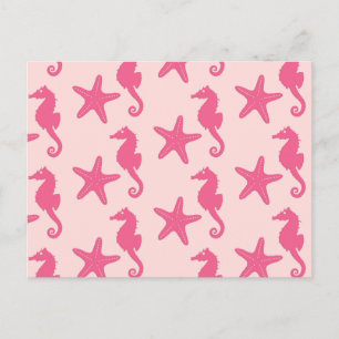 Cartão Postal Seahorse & starfish - coral pink
