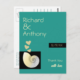 Cartão Postal Seashell e Hearts, Casamento de Praia Obrigado