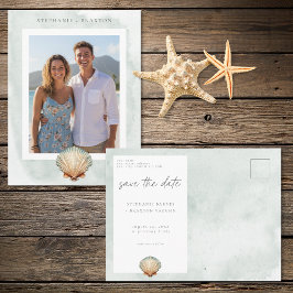 Cartão Postal Seashell Watercolor Minimal Beach Photo Save Date