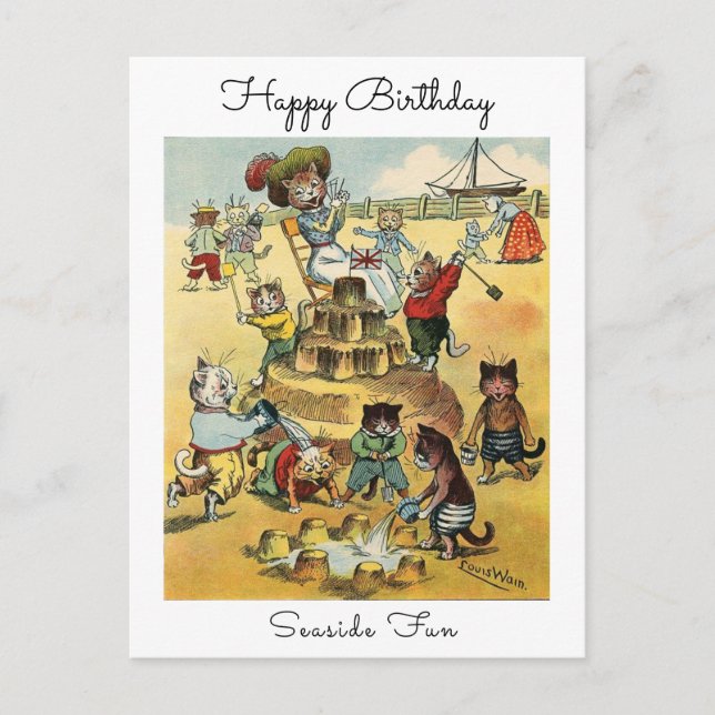 Cartão Postal Seaside Fun Victorian Cat Mischief Happy Birthday (Frente)