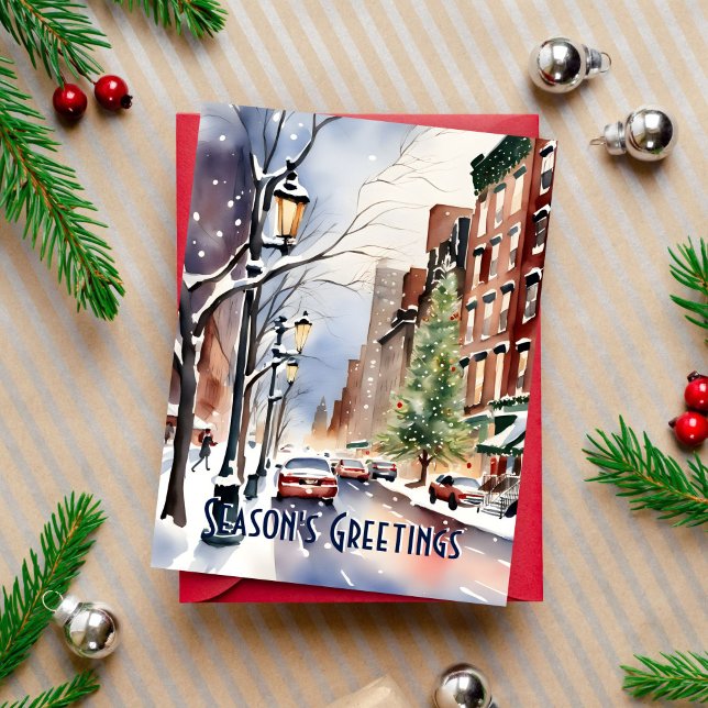 Cartão Postal Seasons cumprimenta a rua de Natal Nova Iorque (Seasons greetings New York snowy winter street modern watercolor postcard Christmas postcard)