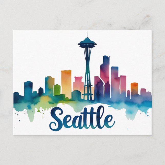 Cartão Postal Seattle City watercolor Skyline (Frente)