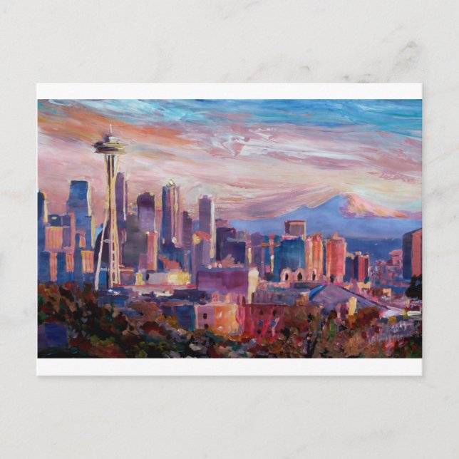 Cartão Postal Seattle Skyline Com Agulha Espacial E Mt Rainier (Frente)