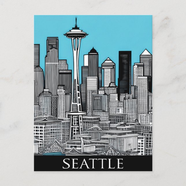 Cartão Postal Seattle Washington Cityscape em preto e branco (Frente)