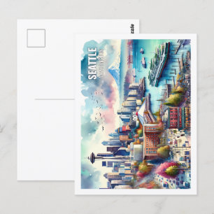 Cartão Postal Seattle Washington EUA Lugar Famoso aquarela